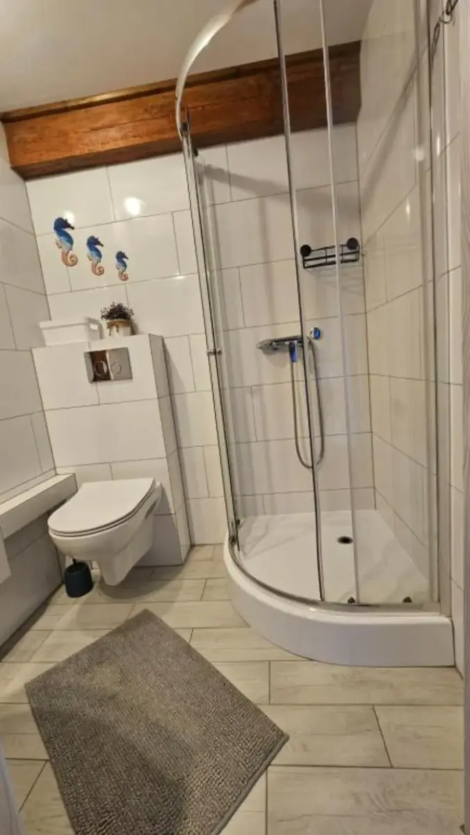 Łazienka z prysznicem walk-in i konikami morskimi na kafelkach